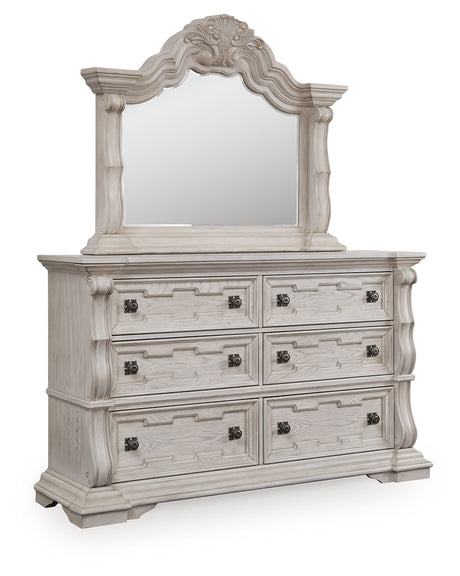 Bruchandi King Upholstered Panel Bed with Mirrored Dresser and Nightstand in Antique White from Ashley - Luna Furniture
