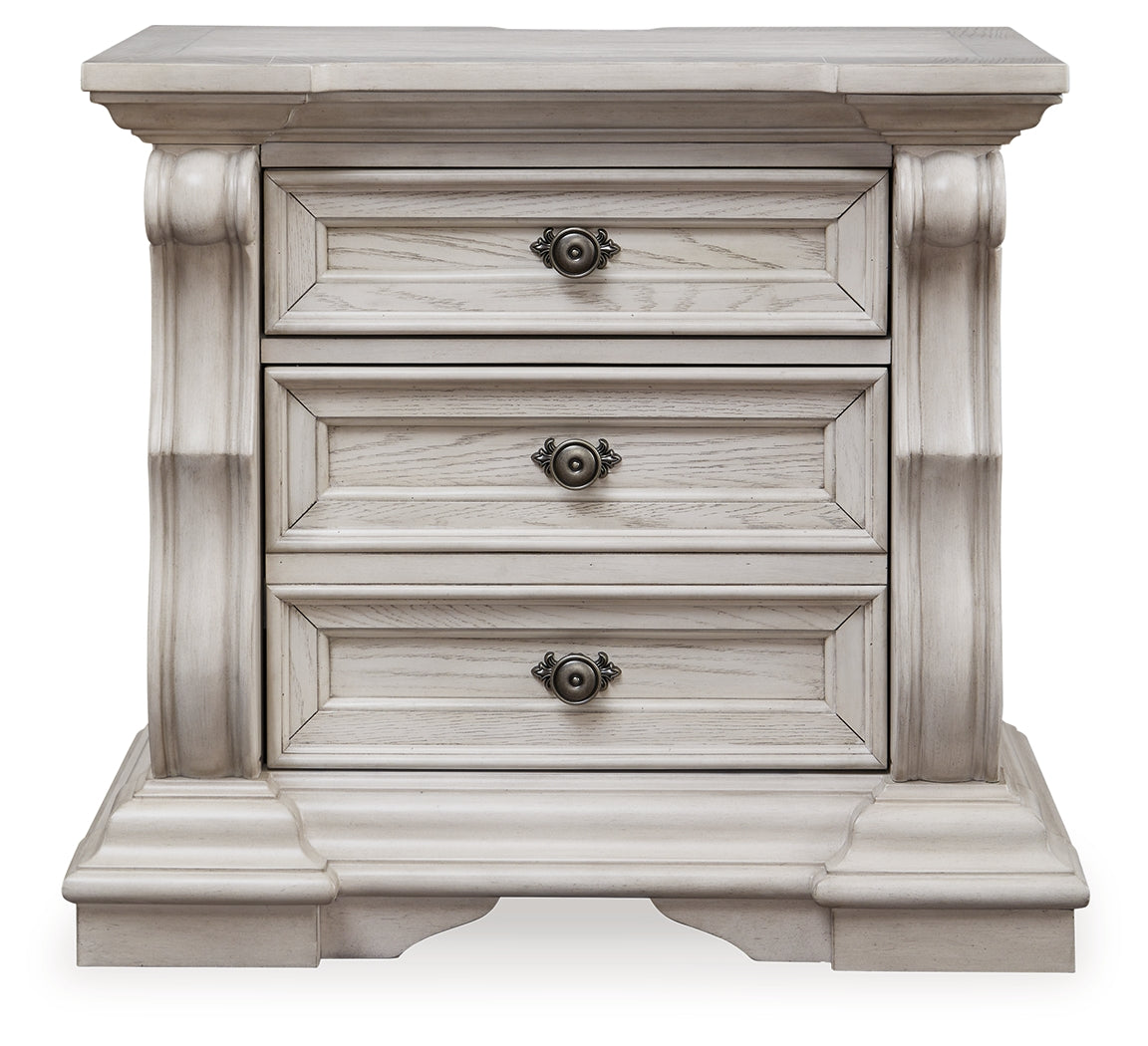 Bruchandi King Upholstered Panel Bed with Mirrored Dresser and Nightstand in Antique White from Ashley Furniture - Luna Furniture
