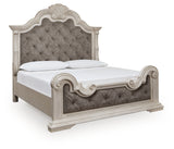 Bruchandi King Upholstered Panel Bed with Mirrored Dresser in Antique White from Ashley - Luna Furniture