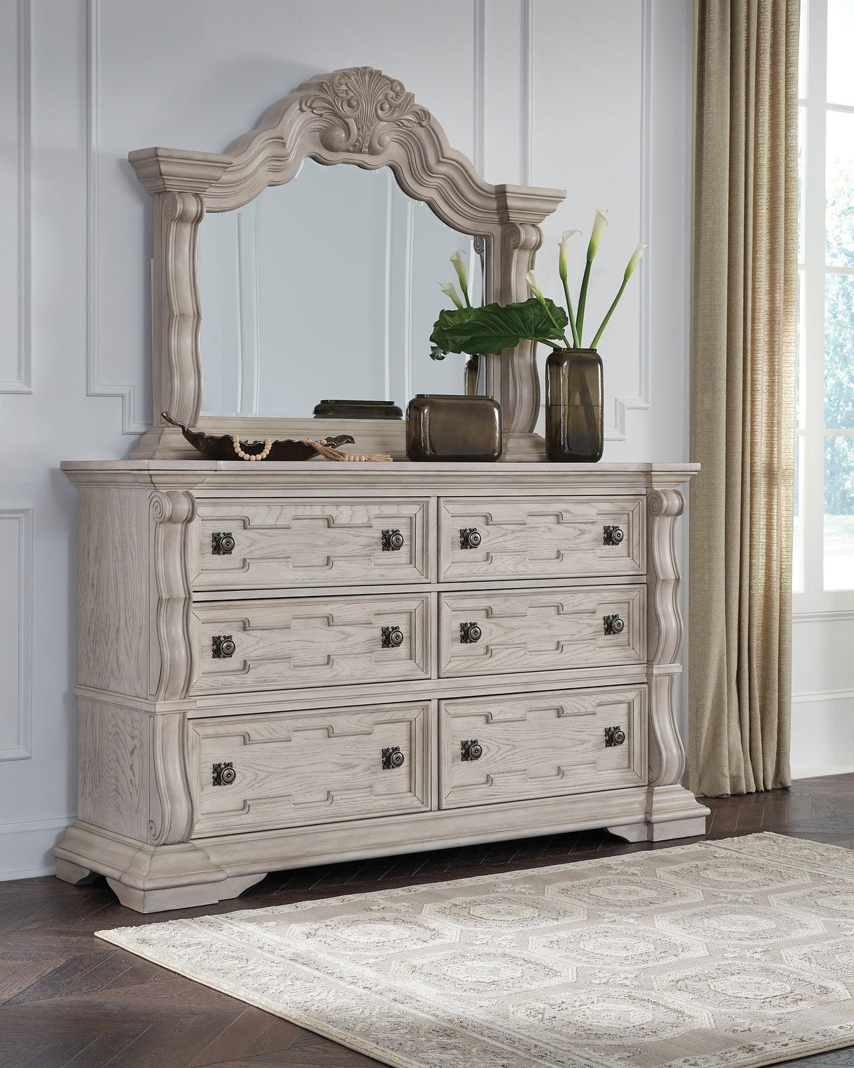 Bruchandi King Upholstered Panel Bed with Mirrored Dresser in Antique White from Ashley - Luna Furniture