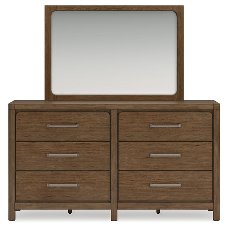 Cabalynn California King Panel Bed with Storage with Mirrored Dresser and Chest in Light Brown from Ashley - Luna Furniture