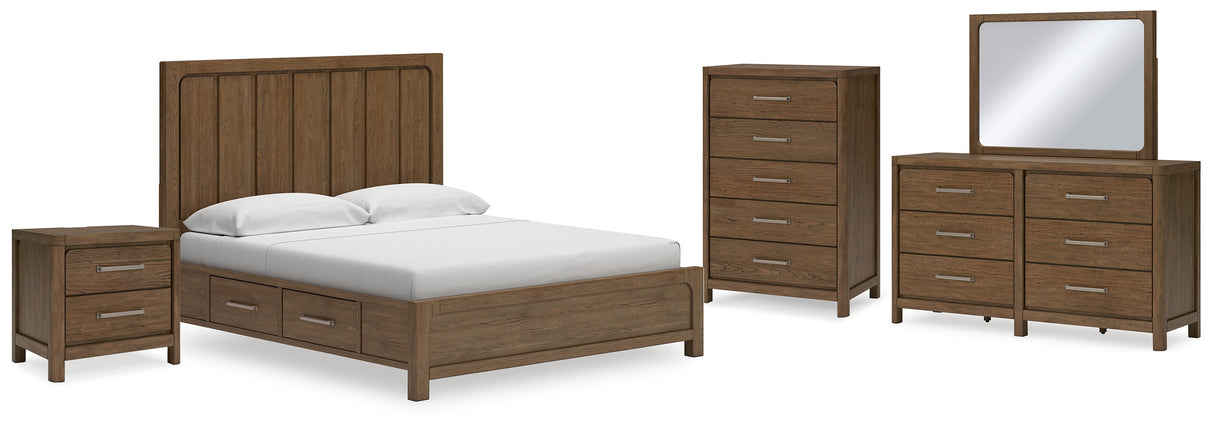 Cabalynn California King Panel Bed with Storage with Mirrored Dresser, Chest and Nightstand in Light Brown from Ashley - Luna Furniture