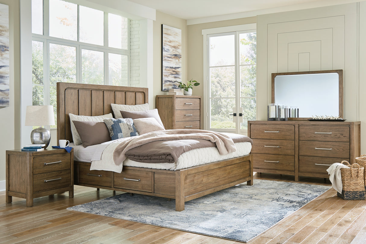Cabalynn California King Panel Bed with Storage with Mirrored Dresser, Chest and Nightstand in Light Brown from Ashley - Luna Furniture
