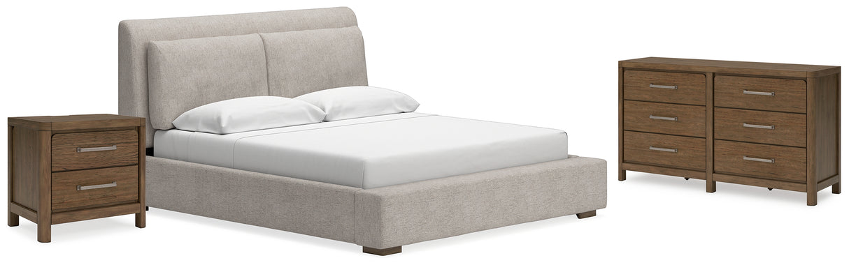 Cabalynn California King Upholstered Bed with Dresser and Nightstand in Light Brown from Ashley - Luna Furniture