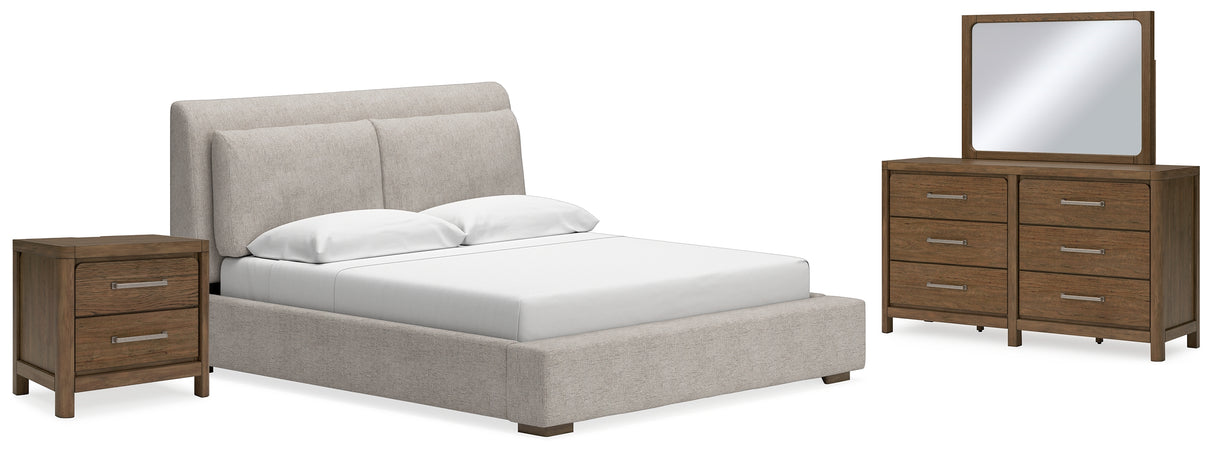 Cabalynn California King Upholstered Bed with Mirrored Dresser and Nightstand in Light Brown from Ashley - Luna Furniture