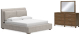 Cabalynn California King Upholstered Bed with Mirrored Dresser in Light Brown from Ashley - Luna Furniture