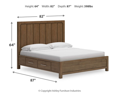 Cabalynn King Panel Bed with Storage with Mirrored Dresser and Chest in Light Brown from Ashley - Luna Furniture