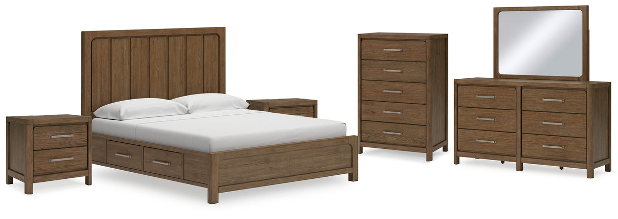 Cabalynn King Panel Bed with Storage with Mirrored Dresser, Chest and 2 Nightstands in Light Brown from Ashley - Luna Furniture