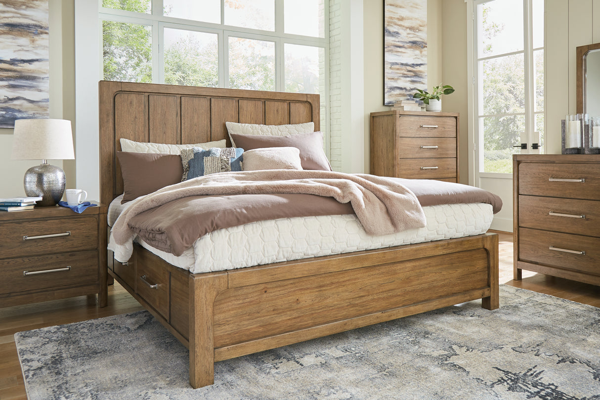 Cabalynn King Panel Bed with Storage with Mirrored Dresser, Chest and 2 Nightstands in Light Brown from Ashley - Luna Furniture