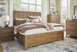Cabalynn King Panel Bed with Storage with Mirrored Dresser, Chest and 2 Nightstands in Light Brown from Ashley - Luna Furniture