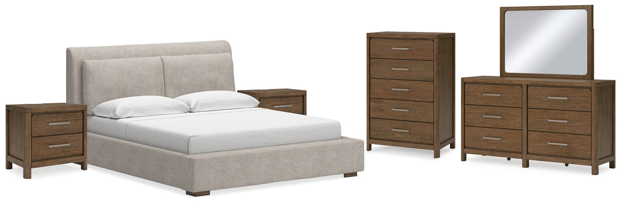 Cabalynn King Upholstered Bed with Mirrored Dresser, Chest and 2 Nightstands in Light Brown from Ashley - Luna Furniture