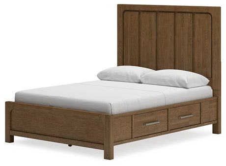 Cabalynn Queen Panel Bed with Storage with Mirrored Dresser and Chest in Light Brown from Ashley - Luna Furniture