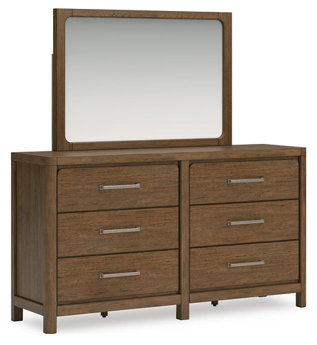 Cabalynn Queen Panel Bed with Storage with Mirrored Dresser and Nightstand in Light Brown from Ashley Furniture - Luna Furniture