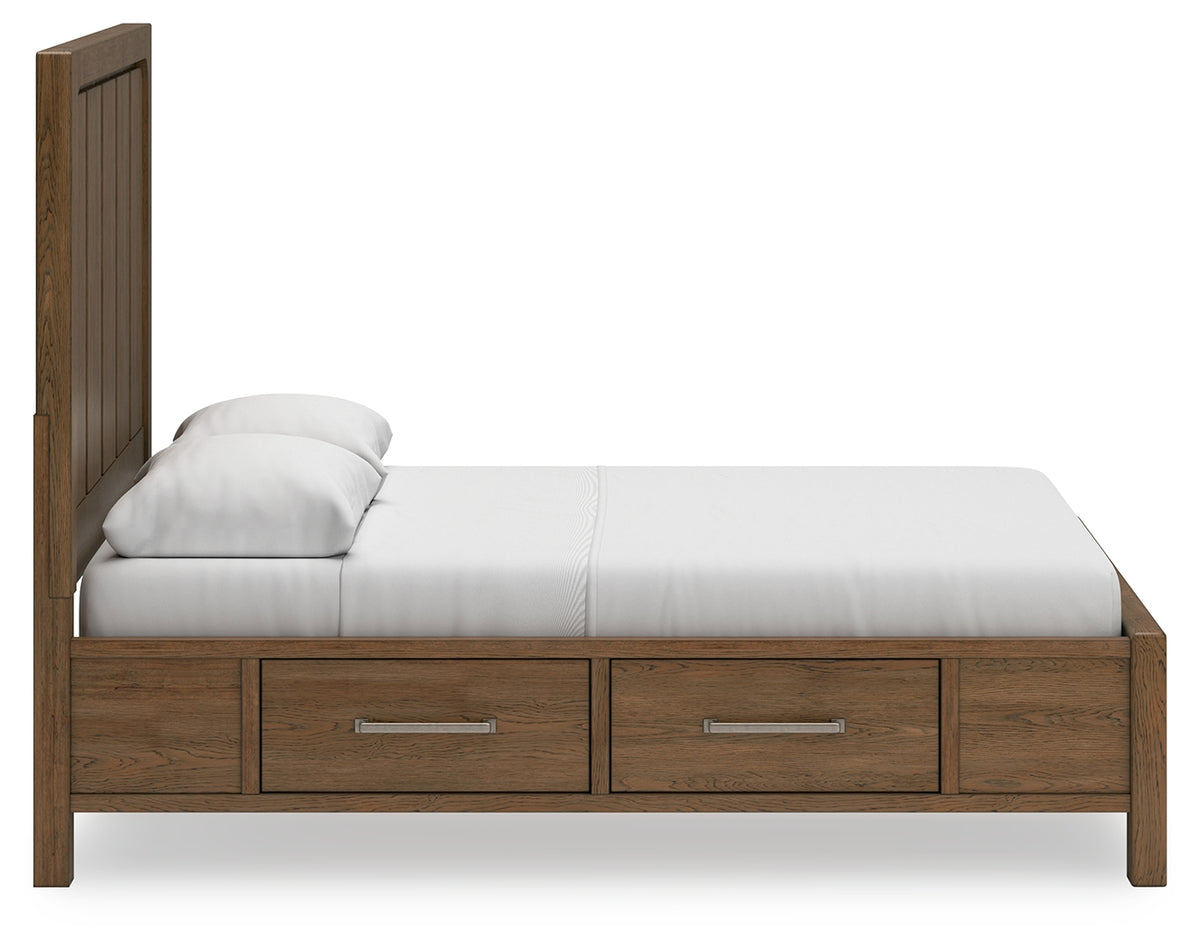 Cabalynn Queen Panel Bed with Storage with Mirrored Dresser and Nightstand in Light Brown from Ashley Furniture - Luna Furniture