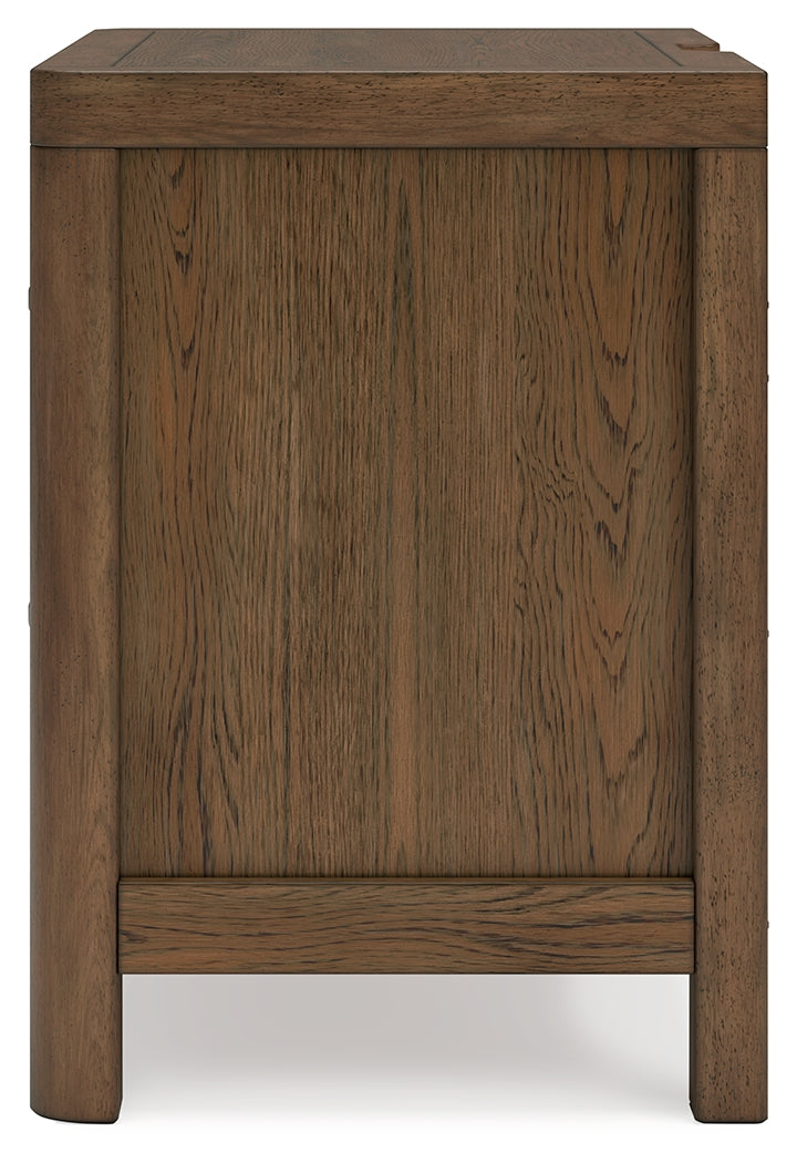 Cabalynn Queen Panel Bed with Storage with Mirrored Dresser and Nightstand in Light Brown from Ashley Furniture - Luna Furniture