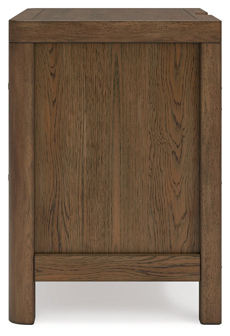 Cabalynn Queen Panel Bed with Storage with Mirrored Dresser and Nightstand in Light Brown from Ashley Furniture - Luna Furniture