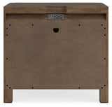 Cabalynn Queen Panel Bed with Storage with Mirrored Dresser and Nightstand in Light Brown from Ashley Furniture - Luna Furniture