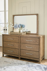 Cabalynn Queen Panel Bed with Storage with Mirrored Dresser and Nightstand in Light Brown from Ashley Furniture - Luna Furniture