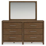 Cabalynn Queen Panel Bed with Storage with Mirrored Dresser and Nightstand in Light Brown from Ashley Furniture - Luna Furniture