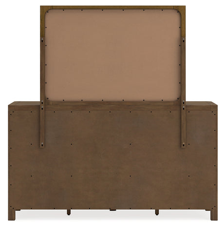 Cabalynn Queen Panel Bed with Storage with Mirrored Dresser and Nightstand in Light Brown from Ashley Furniture - Luna Furniture