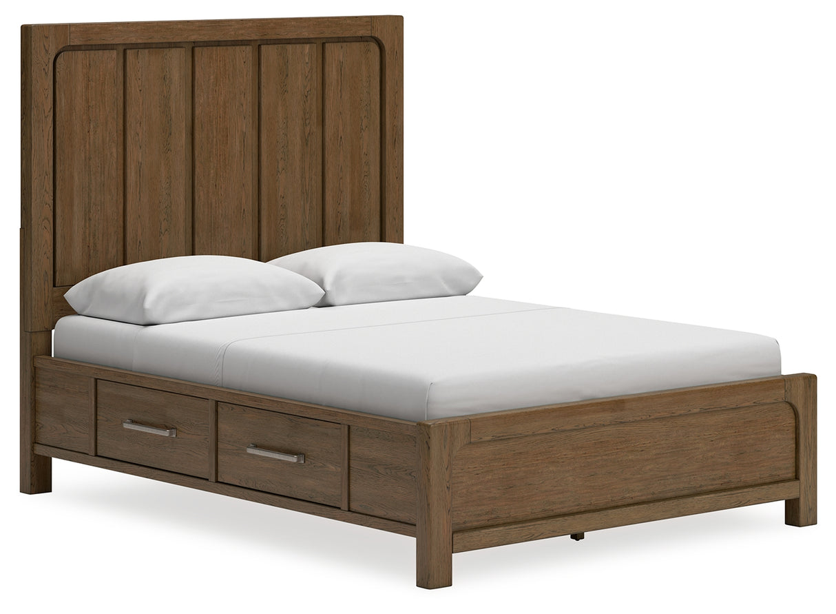 Cabalynn Queen Panel Bed with Storage with Mirrored Dresser and Nightstand in Light Brown from Ashley Furniture - Luna Furniture
