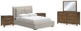 Cabalynn Queen Upholstered Bed with Mirrored Dresser and 2 Nightstands in Light Brown from Ashley - Luna Furniture