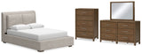 Cabalynn Queen Upholstered Bed with Mirrored Dresser and Chest in Light Brown from Ashley - Luna Furniture