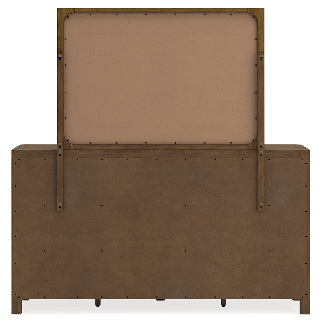 Cabalynn Queen Upholstered Bed with Mirrored Dresser and Chest in Light Brown from Ashley - Luna Furniture