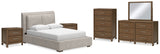 Cabalynn Queen Upholstered Bed with Mirrored Dresser, Chest and 2 Nightstands in Light Brown from Ashley - Luna Furniture