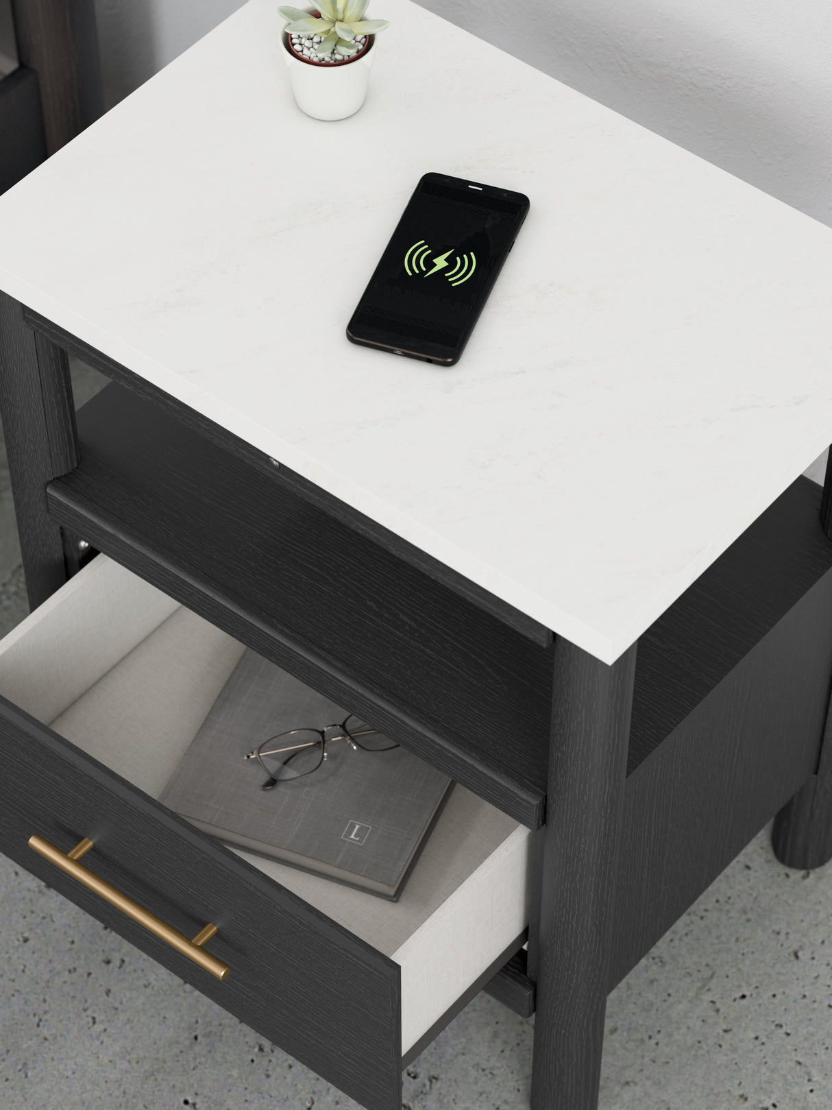 Cadmori King Upholstered Panel Bed with 2 Nightstands in Black/White from Ashley - Luna Furniture