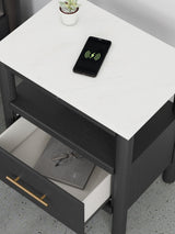 Cadmori King Upholstered Panel Bed with 2 Nightstands in Black/White from Ashley - Luna Furniture