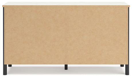 Cadmori Queen Upholstered Panel Bed with Dresser in Black/White from Ashley - Luna Furniture