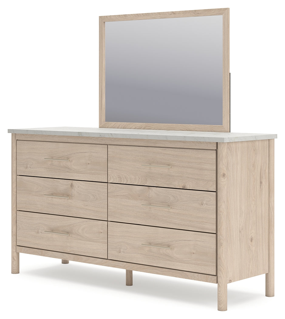 Cadmori Queen Upholstered Panel Bed with Mirrored Dresser and Chest in Two-tone from Ashley - Luna Furniture
