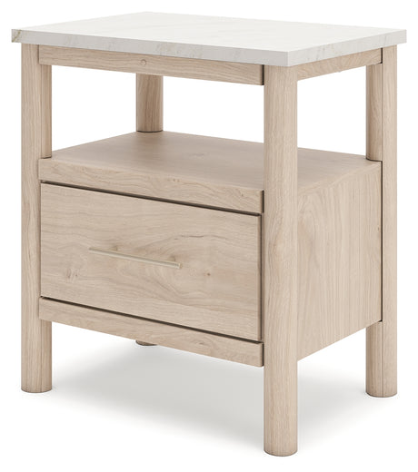 Cadmori Queen Upholstered Panel Bed with Mirrored Dresser and Nightstand in Two-tone from Ashley - Luna Furniture
