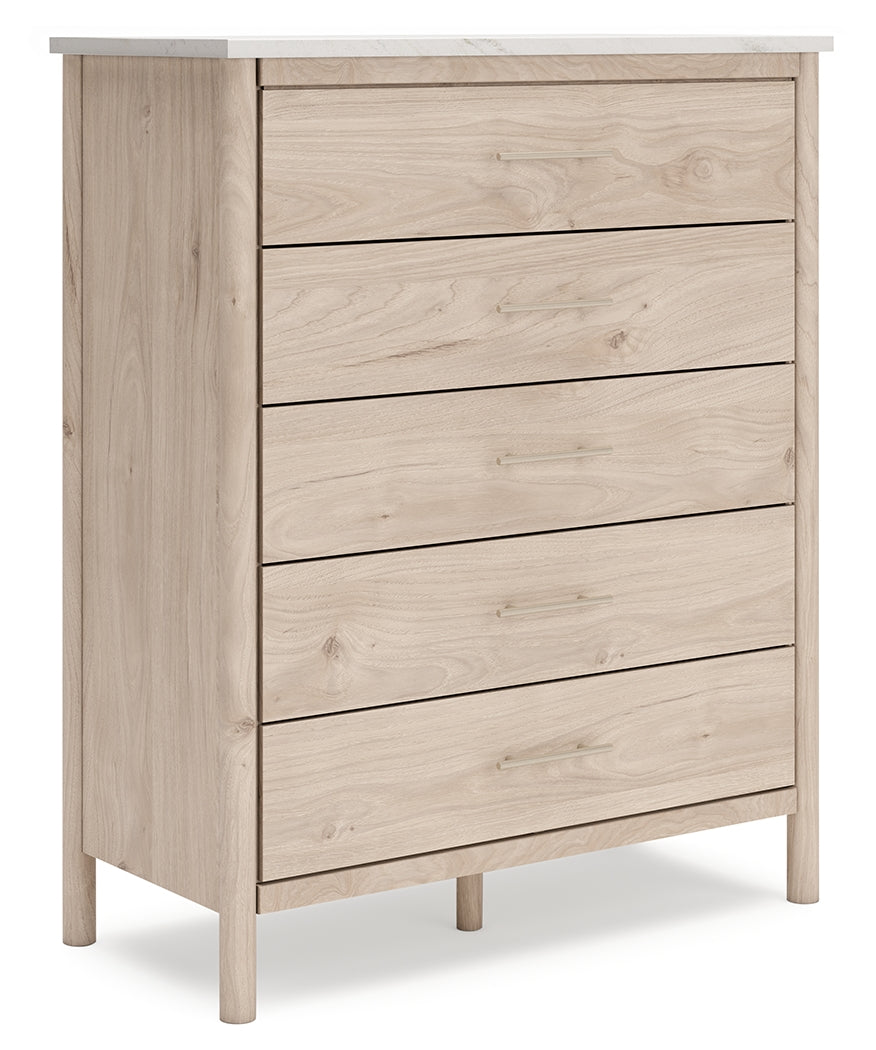 Cadmori Queen Upholstered Panel Bed with Mirrored Dresser, Chest and Nightstand in Two-tone from Ashley - Luna Furniture