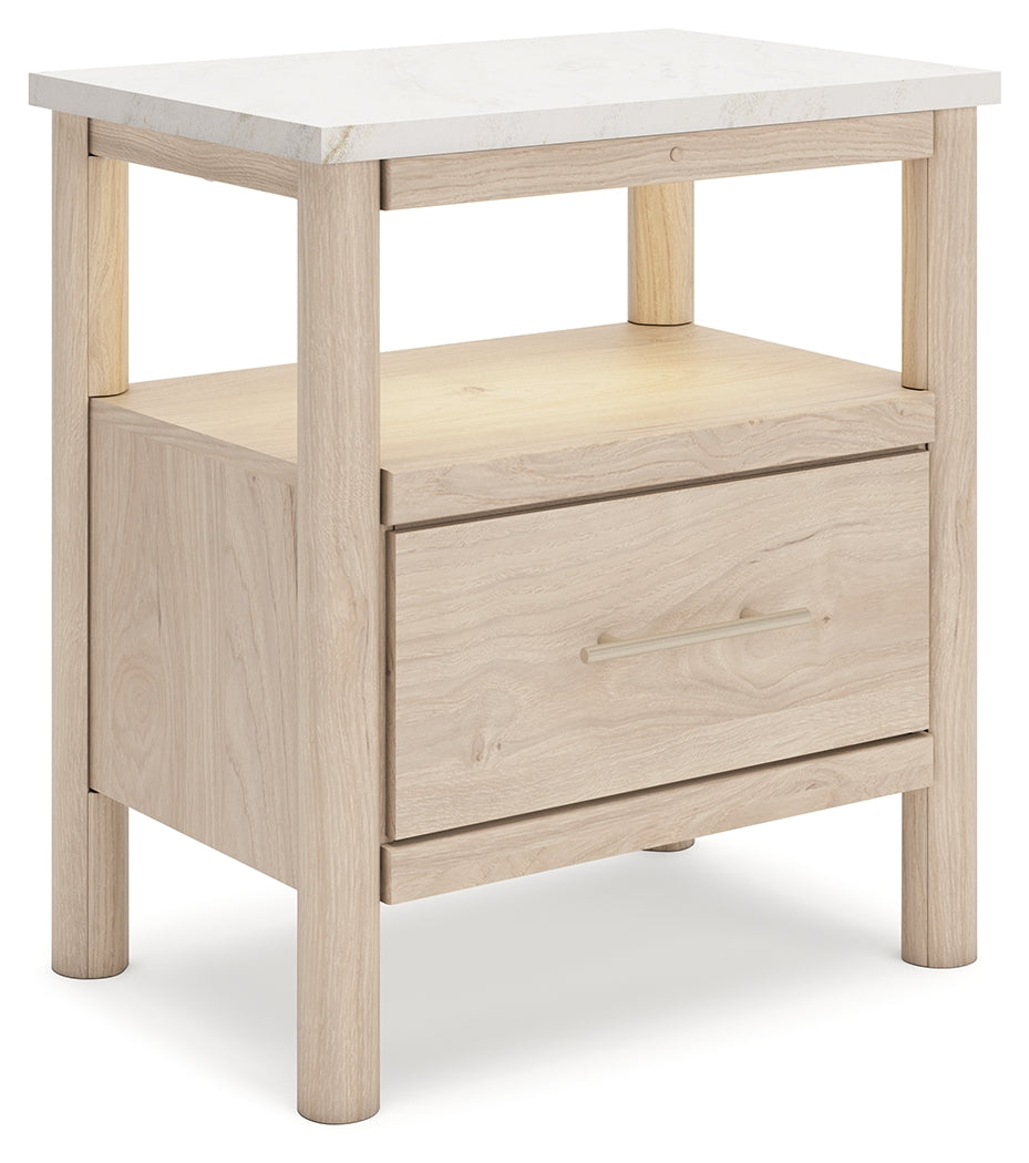 Cadmori Queen Upholstered Panel Bed with Mirrored Dresser, Chest and Nightstand in Two-tone from Ashley - Luna Furniture