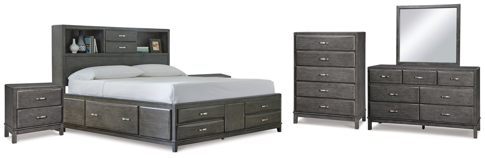 Caitbrook King Storage Bed with 8 Storage Drawers with Mirrored Dresser, Chest and 2 Nightstands in Gray from Ashley - Luna Furniture