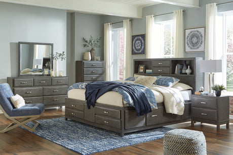 Caitbrook Queen Storage Bed with 8 Storage Drawers with Mirrored Dresser, Chest and 2 Nightstands in Gray from Ashley - Luna Furniture