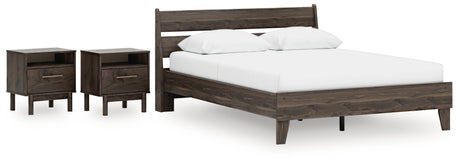 Calverson Mocha Queen Panel Platform Bed with 2 Nightstands from Ashley Furniture - Luna Furniture
