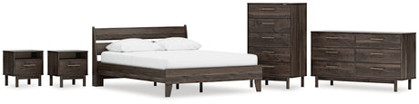Calverson Mocha Queen Platform Bed with Dresser, Chest and 2 Nightstands from Ashley - Luna Furniture