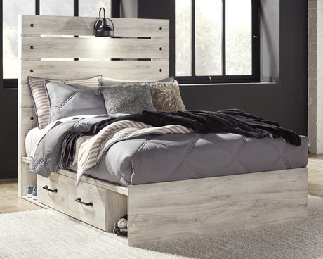 Cambeck Full Panel Bed with 2 Storage Drawers with Mirrored Dresser and 2 Nightstands in Whitewash from Ashley - Luna Furniture