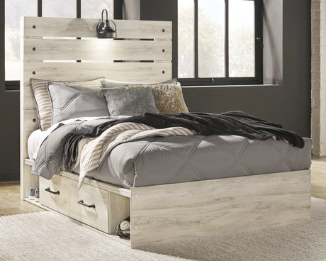 Cambeck Full Panel Bed with 4 Storage Drawers with Mirrored Dresser and 2 Nightstands in Whitewash from Ashley - Luna Furniture
