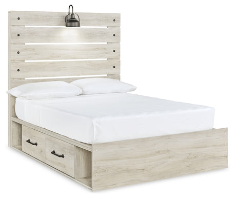 Cambeck Full Panel Bed with 4 Storage Drawers with Mirrored Dresser and Chest in Whitewash from Ashley - Luna Furniture