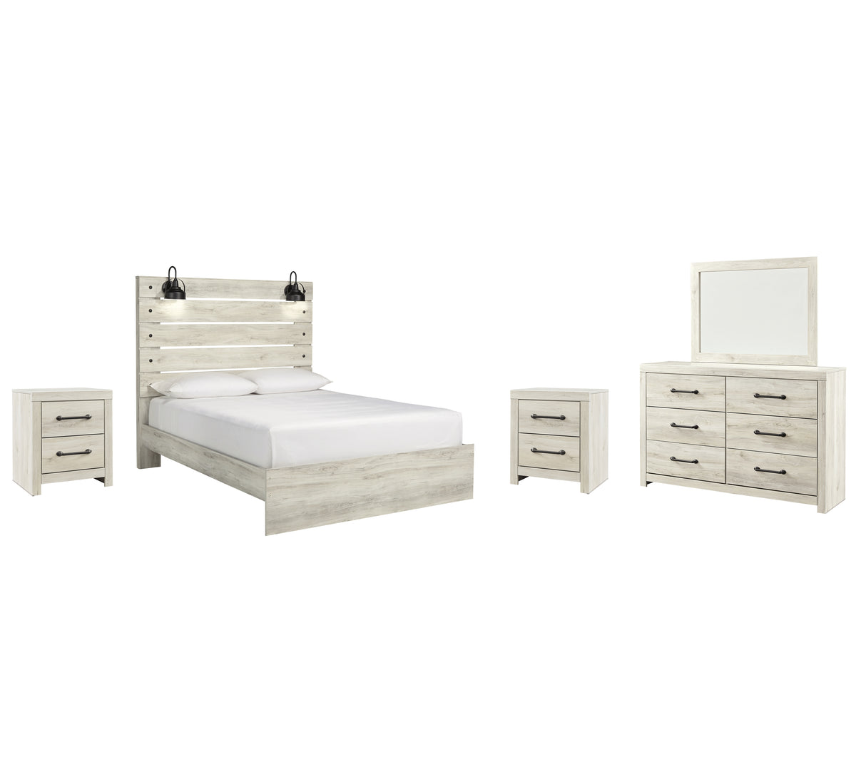 Cambeck Queen Panel Bed with Mirrored Dresser and 2 Nightstands in Whitewash from Ashley - Luna Furniture
