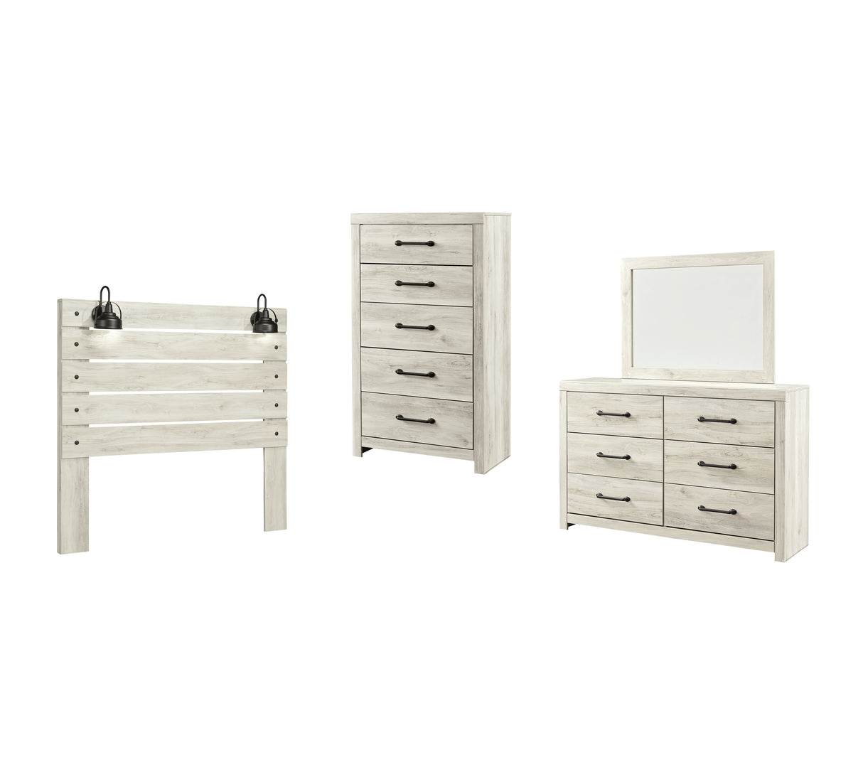 Cambeck Queen Panel Headboard Bed with Mirrored Dresser and Chest in Whitewash from Ashley - Luna Furniture