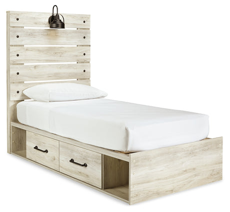 Cambeck Twin Panel Bed with 2 Storage Drawers with Mirrored Dresser, Chest and 2 Nightstands in Whitewash from Ashley - Luna Furniture