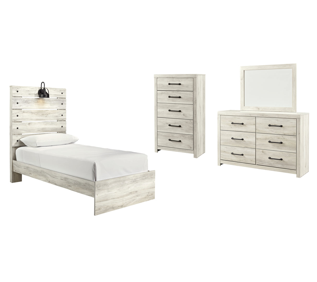 Cambeck Twin Panel Bed with Mirrored Dresser and Chest in Whitewash from Ashley - Luna Furniture