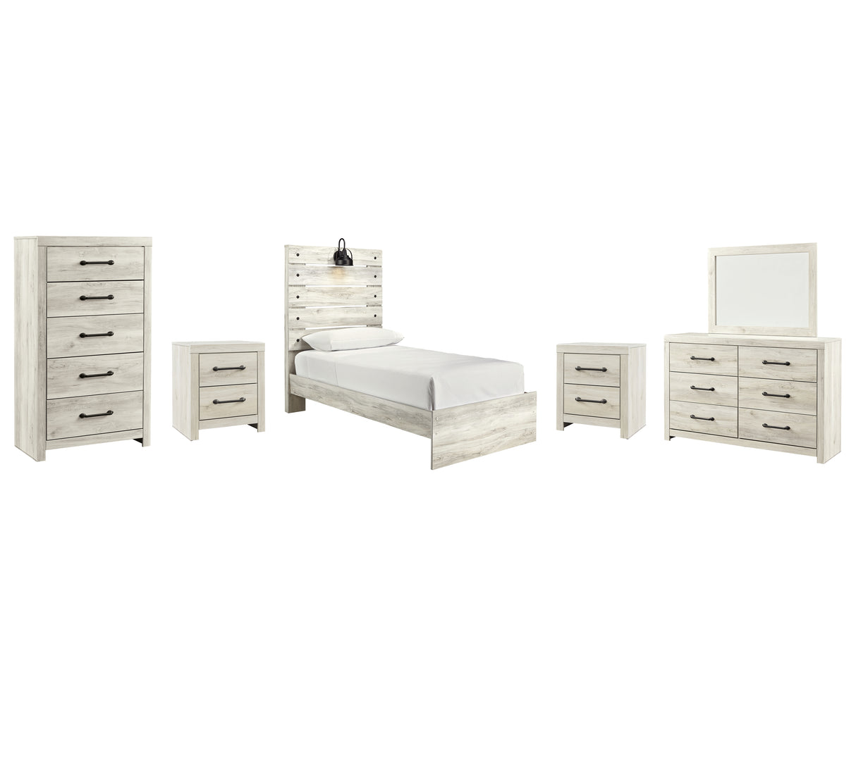 Cambeck Twin Panel Bed with Mirrored Dresser, Chest and 2 Nightstands in Whitewash from Ashley - Luna Furniture