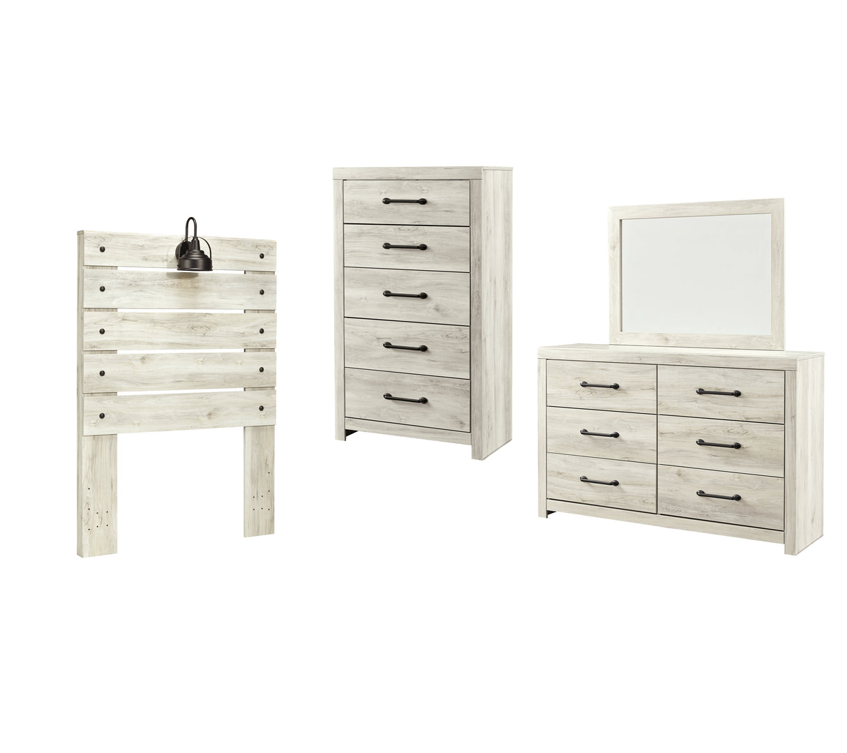 Cambeck Twin Panel Headboard Bed with Mirrored Dresser and Chest in Whitewash from Ashley - Luna Furniture