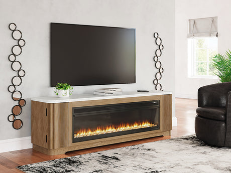 Camdill Light Brown 80" TV Stand with Electric Fireplace from Ashley Furniture - Luna Furniture